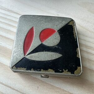 VTG Quinlan Art Deco Compact Flower Black & Red Enamel Photo Of A Gentleman 1.5"